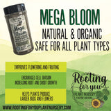 Mega Bloom plant food product with promotional text and branding on a green background