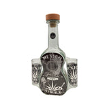 Tequila bottle shaped like a bottle with three glasses on a white background