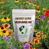 Bag of Midwest Native Wildflower Mix from Earthwise Seed Company against a background of wildflowers.