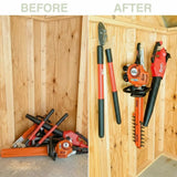 Before and after comparison of garden tools in a wooden shed.