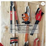 Gardening tools including pruners and trimmers on a wooden wall with installation steps displayed.