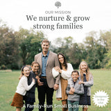 Family of six standing outdoors with text about nurturing and growing strong families.