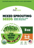 Zestigreens Mixed Sprouting Seeds packaging label for an 8 oz pack containing alfalfa, broccoli, lentil, radish, and mung bean seeds.