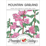 Mountain Garland seed packet with pink flowers and 'Peaceful Valley' branding