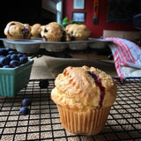 Blueberry muffin on a cooling rack with baking tray and blueberries in the background.