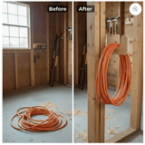 Before and after comparison of a room with tools and an orange extension cord.