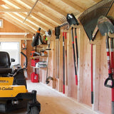 Garden tools and equipment in a wooden shed