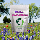Bag of Northeast Wildflower Mix from Earthwise Seed Company with a background of wildflowers and trees. Northeast Native & Naturalized Wildflower Mix