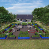 Garden layout with Olle Gardens 17" Tall Rectangle Infinity Raised Garden Beds and a house in the background