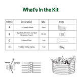 Product kit list with parts and their quantities on a white background