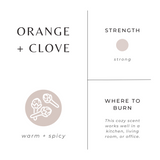 Product label for 'Orange + Clove' with description of scent and usage.