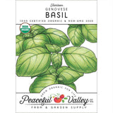 Peaceful Valley Genovese Basil Seeds (Organic) seed packet with green leaves and certification logos on a white background