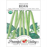 Peaceful Valley seed packet for Provider Bean with green beans and leaves on a white background