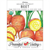 Seed packet for Heirloom Golden Detroit Beet with illustrations of beets and Peaceful Valley branding.