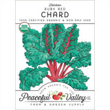 Peaceful Valley Farm & Garden Supply seed packet for Ruby Red Chard with a colorful illustration of chard leaves.
