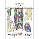 Peaceful Valley Glass Gem Corn seed packet with colorful corn illustration and branding.