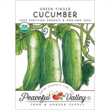 Peaceful Valley Green Finger Cucumber seed packet with illustrations of cucumbers and certification logos.