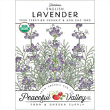 Peaceful Valley English Lavender seed packet with lavender illustration and certification logo.