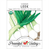 Peaceful Valley Farm & Garden Supply leek seed packet with illustration of leeks and certification logo.