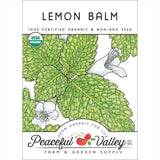 Lemon balm seed packet with leaves and flowers, featuring the Peaceful Valley logo.