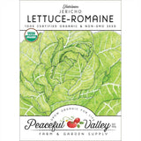 Peaceful Valley Lettuce-Romaine seed packet with a green leaf illustration on a white background