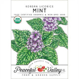 Korean licorice mint seed packet with green leaves and purple flowers, featuring the Peaceful Valley logo.