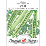 Peaceful Valley seed packet for organic and non-GMO peas with illustrations of green peas and leaves.