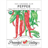 Peaceful Valley Farm & Garden Supply hot cayenne slim pepper seed packet with red peppers and green leaves.