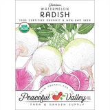 Peaceful Valley Watermelon Radish seed packet with illustrations and branding.