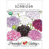 Peaceful Valley Scabiosa seed packet with colorful flowers and certification logo.