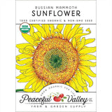 Sunflower seed packet with 'Peaceful Valley' branding and USDA Organic label.