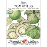 Peaceful Valley Farm & Garden Supply seed packet for Verde Tomatillo with illustrations and certification logos.