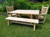 Wooden outdoor furniture set with table, chairs, and bench on grass
