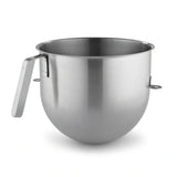 A stainless steel mixing bowl with a large side handle and a smaller mounting bracket on the side, shown on a clean white background.