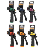 Set of six different colored garden nozzles with packaging on a white background