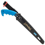 Folding knife with blue handle and 'Samurai' branding on a white background