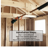 Person installing a ceiling organizer in a wooden structure with text on installation steps.