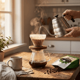 Person pouring coffee from a kettle into a glass coffee maker on a wooden table.