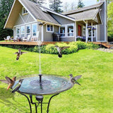 Birds around a bird bath in front of a house with a green lawn