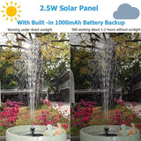 Solar panel system with 1000mAh battery backup powering a water fountain in a garden.