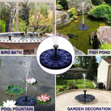 Solar-powered water fountain used in various garden settings including bird bath, fish pond, pool, and garden decoration.