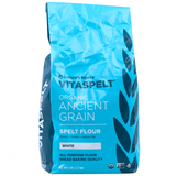 Bag of Vitaspelt organic ancient grain spelt flour on a white background