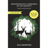Book cover of 'Deer-Resistant Gardening in the Midwest' by Sue Monson with a silhouette of deer and trees.