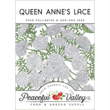 Peaceful Valley Farm & Garden Supply packaging for Queen Anne's Lace seeds with floral design.