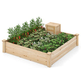 Wooden raised garden bed with plants on a white background