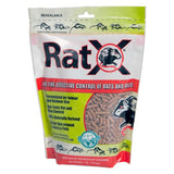 Packaging of Rat-X rodenticide with rat illustrations on a white background