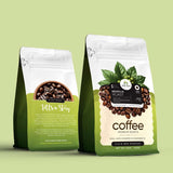 Two green coffee bags with white labels on a light green background