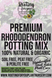 Advertisement for premium rhododendron potting mix with branding and contact information.