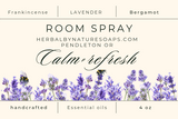 Room spray label with lavender flowers and branding information on a white background
