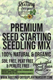Advertisement for premium seed starting seedling mix with text and branding on a green background.